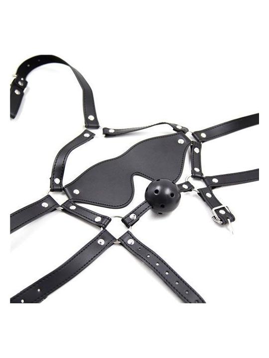 Imbracatura per viso con maschera per occhi e morso total head harness restraint black