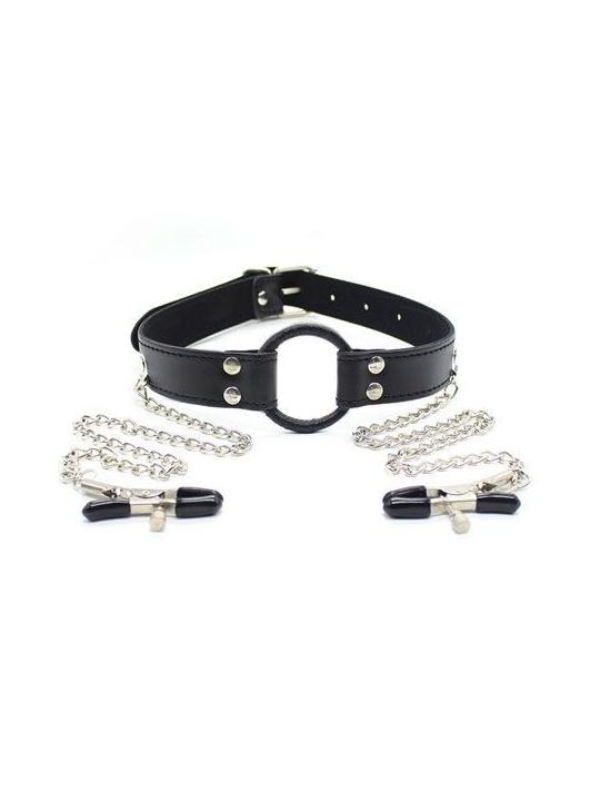 Ring gag nipples clamps pinze per capezzoli morso fetish bondage nero