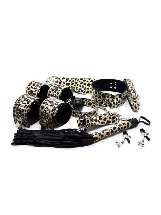 Wild bondage kit leopard set fetish guinzaglio manette morso cavigliere frusta maschera sexy