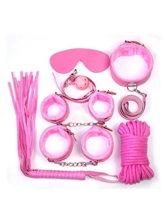 Bondage kit sexy fetish manette corda cavigliere frusta e collare rosa