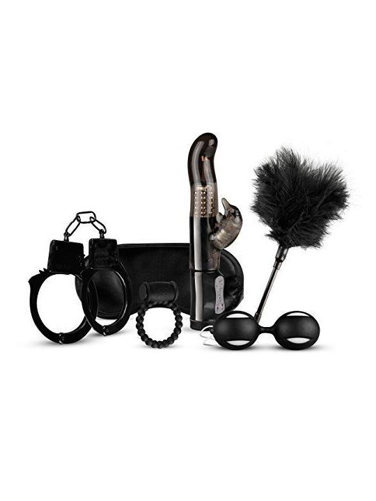 Kit sex toys con vibratore rabbit vaginale palline vaginali manette anello fallico nero love kit black