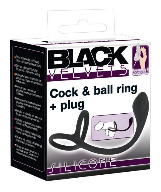 Anello fallico doppio sex toys con fallo anale in silicone nero black cock ball ring plug