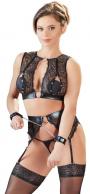 set intimo in pizzo donna fetish con manette reggicalze perizoma aperto  e top nero