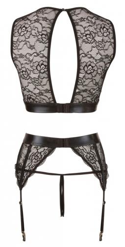 set intimo in pizzo donna fetish con manette reggicalze perizoma aperto  e top nero