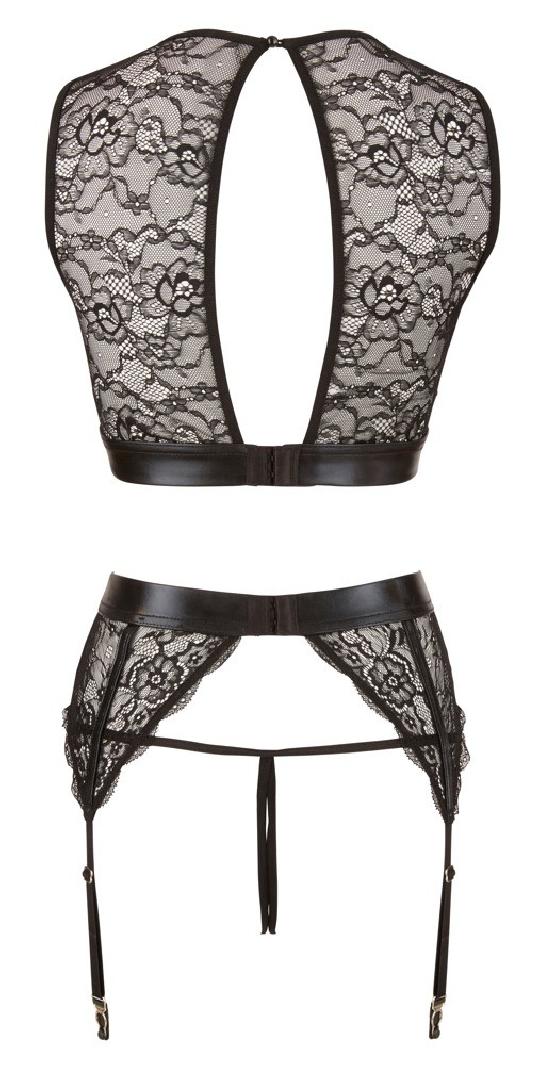 set intimo in pizzo donna fetish con manette reggicalze perizoma aperto  e top nero