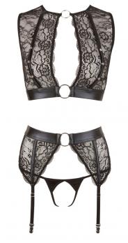 set intimo in pizzo donna fetish con manette reggicalze perizoma aperto  e top nero