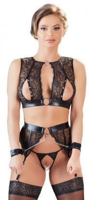 set intimo in pizzo donna fetish con manette reggicalze perizoma aperto  e top nero