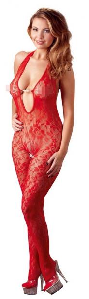 Tuta bodystocking rossa con perle catsuit pearl red